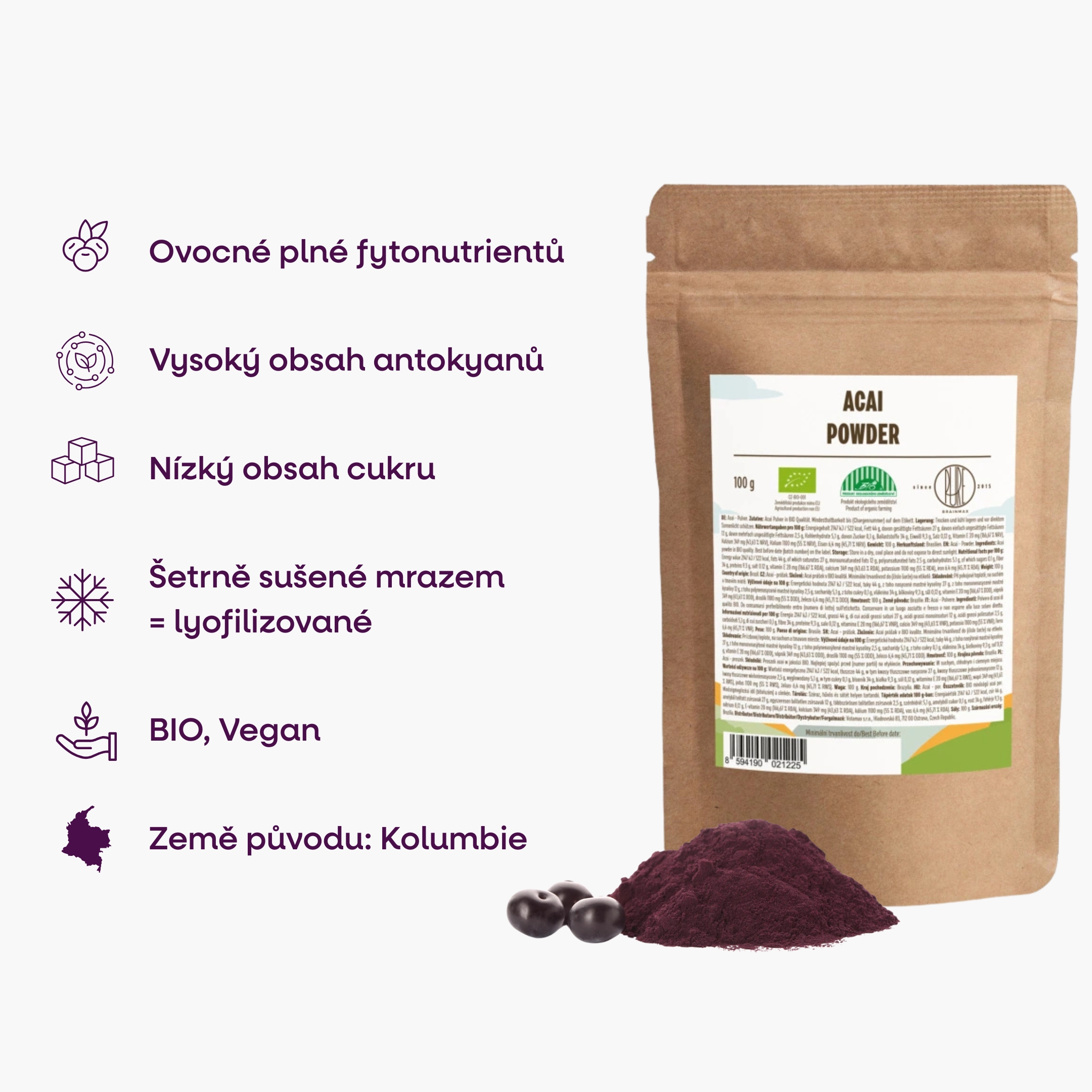 BrainMax Pure Acai Powder, Acai BIO prášek, 100 g